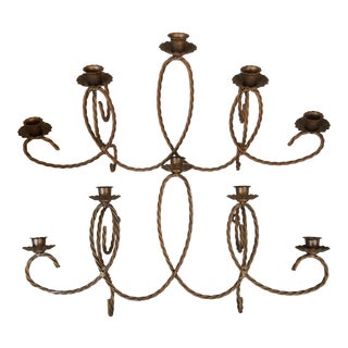 Italian Gold Gilt Twisting Wire 5 Candle Wall Sconces - a Pair For Sale