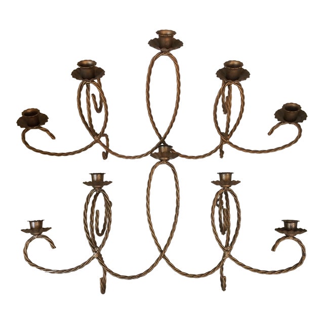 Italian Gold Gilt Twisting Wire 5 Candle Wall Sconces - a Pair For Sale