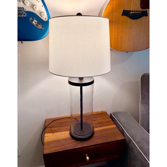 1990s 1990s Organic Modern Seeded Glass and Matte Black Table Lamps With Linen Drum Shades Included - Pair For Sale - Image 5 of 8
