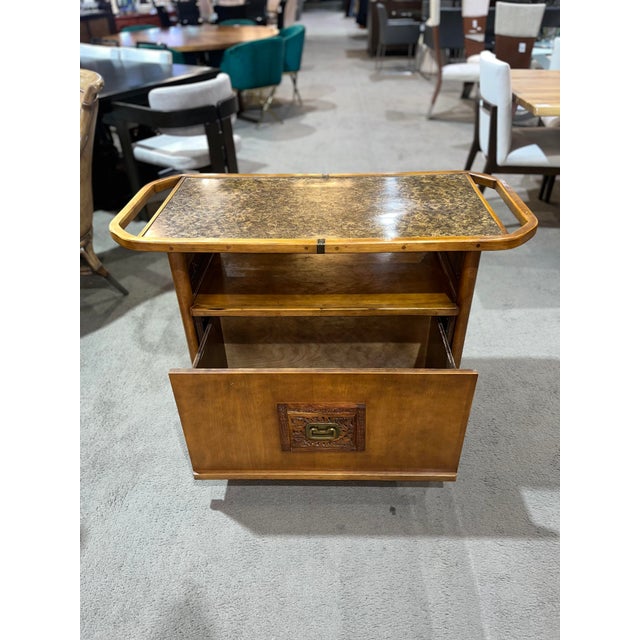 Early 21st Century Asian Style Floral Carved Single Drawer Wood Bar Cart For Sale - Image 5 of 12