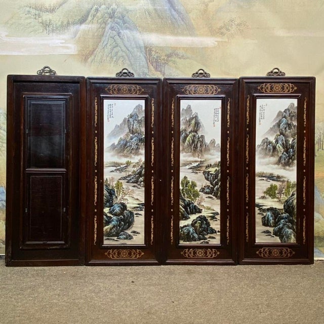 Four-Panel Rosewood Framed Porcelain Plaque Wall Screen, Ink Color Mountain Landscape, Chinoiserie Wall Art Set For Sale - Image 4 of 10