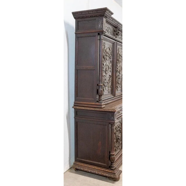 Buffet Two Body French Cabinet, Circa 1830 Renaissance Style, Solid Oak Nice Patina Good antique condition
