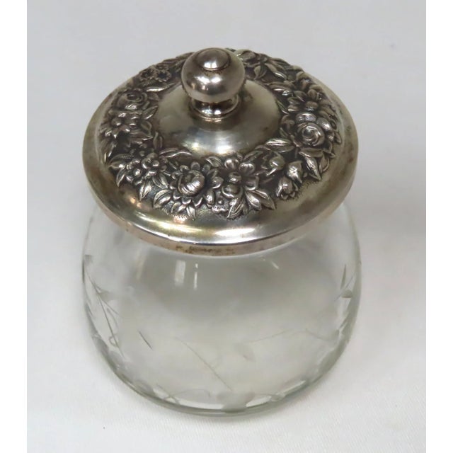 Victorian Vintage Kirk & Son Sterling Silver Etch Cut Glass Jam Jar For Sale - Image 3 of 13