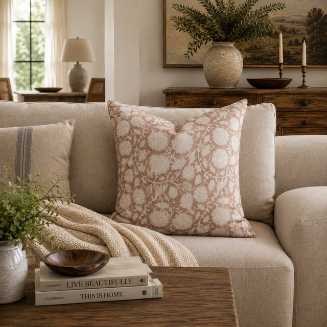 Bellows Floral Linen Pillow 22″X 22″ Double sided pillow cover in a blush nude and creamy white floral. Overlocked seams /...