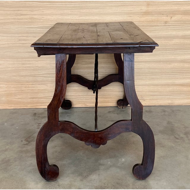 Spanish 1880s Walnut Side Table or Lady Desk, Lyre Legs and Iron Stretcher For Sale - Image 6 of 11