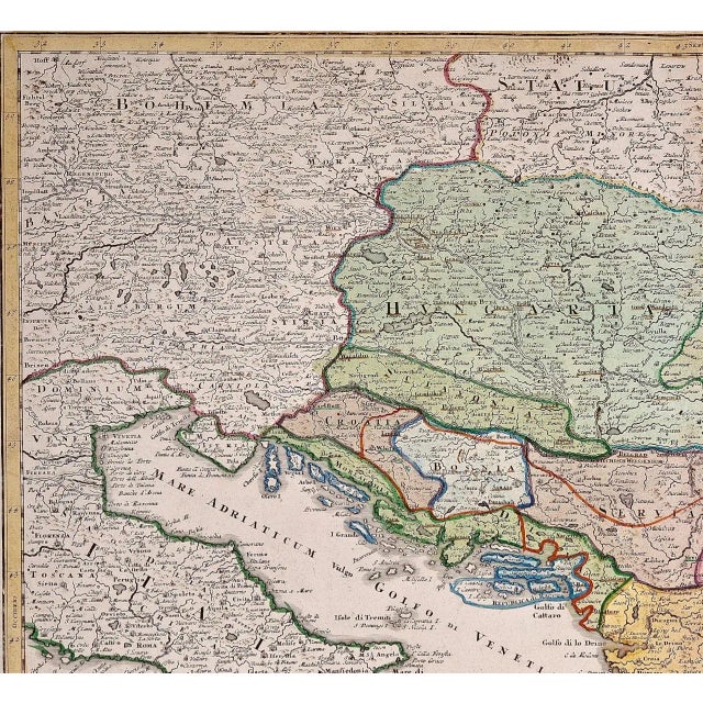 "Fluviorum in Europa principis Danubii" is a hand colored map of the region about the Danube river created by Johann...