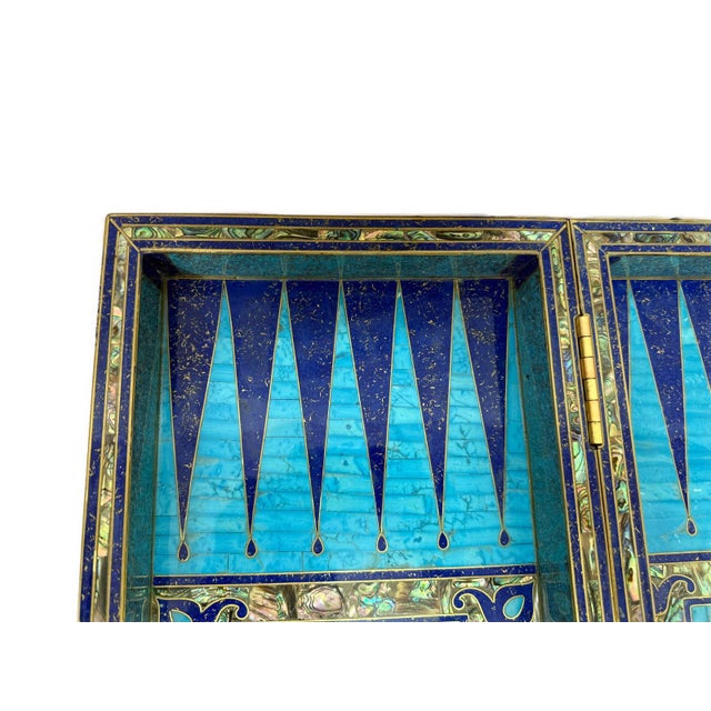 Handmade Wooden Backgammon & Chess Board Lapis, Turquoise & Mother of Pearl For Sale - Image 12 of 14