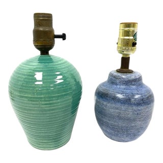 1970s Two Colorful Mid Century Pottery Table Lamps For Sale