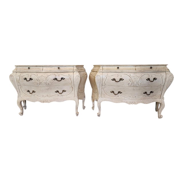 Late 20th Century Grand French Provincial Cream Bombé Commodes, Pair For Sale