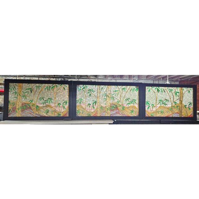Beautiful and intricate triptych of glass mosaic landscapes. Imagery features bamboo plants with vibrant, multi-toned...