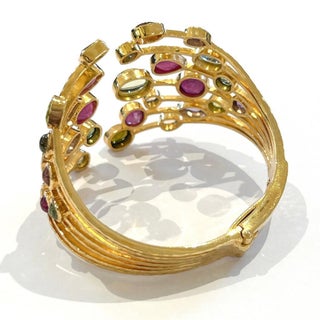 Bochic "Capri" Ruby & Multi Natural Gem Cuff Set In 18K Gold & Silver For Sale