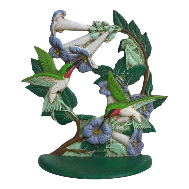 Vintage Midwest Importers Wrought Iron Floral & Figural Hummingbird Door Stop For Sale