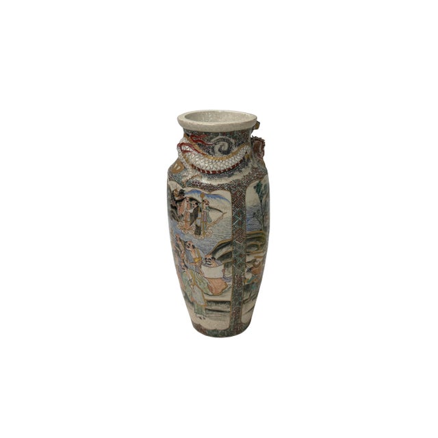 Vintage Asian Satusma Ceramic Handpainted Samurai Relief Dragon Motif Vase For Sale In San Francisco - Image 6 of 18