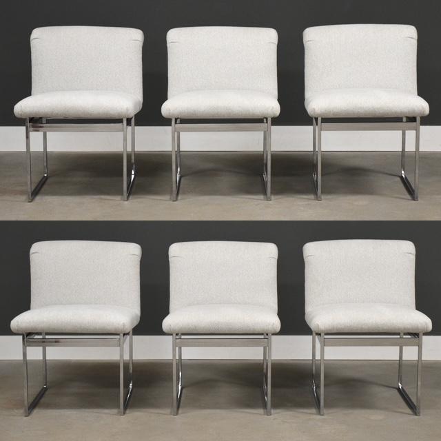 A set of six mid century modern white fabric dining chairs with chrome frames designed by Milo Baughman for Thayer Coggin....