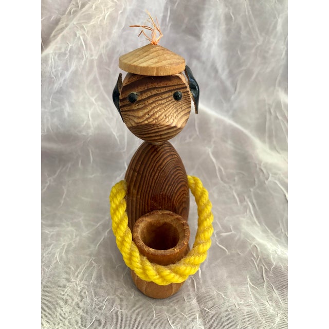 Mid-Century Modern Mid Century Modern Teak Vintage Monkey With Beret Toothpick Holder For Sale - Image 3 of 12