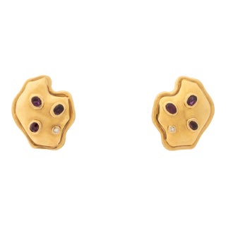14k Yellow Gold Ruby Diamond Earrings For Sale