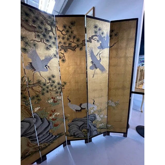 Japanese 1970s Japanese Crane Style 6-Panel Folding Screen 8 Ft Room Divider For Sale - Image 3 of 5