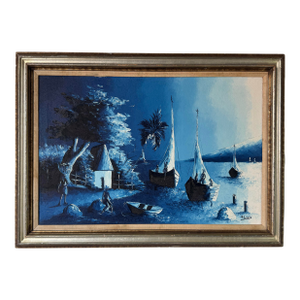 1970s Vintage Haitian Fishing Boats at Sunset Landscape Oil on Canvas Painting by P. Louis