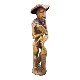 Mid 20th Century Vintage Hand Carved Wooden Statue, Farmer Man With Pipe For Sale