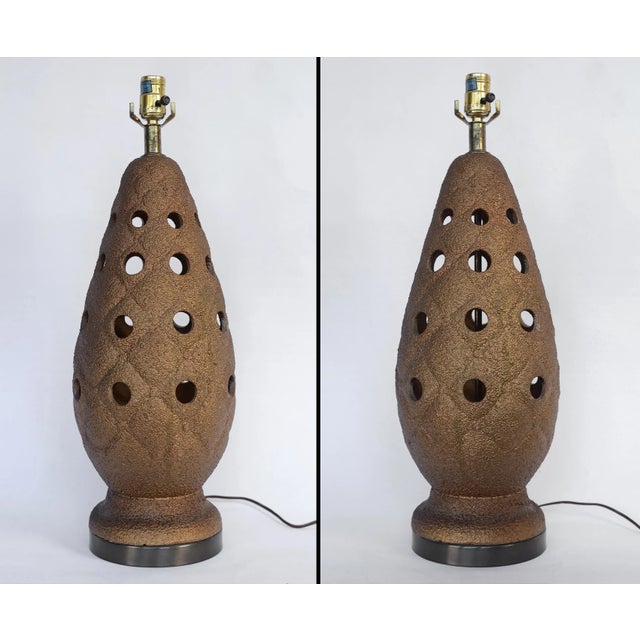 Mid Century Brutalist Metallic Gold Textured Table Lamp For Sale - Image 4 of 10