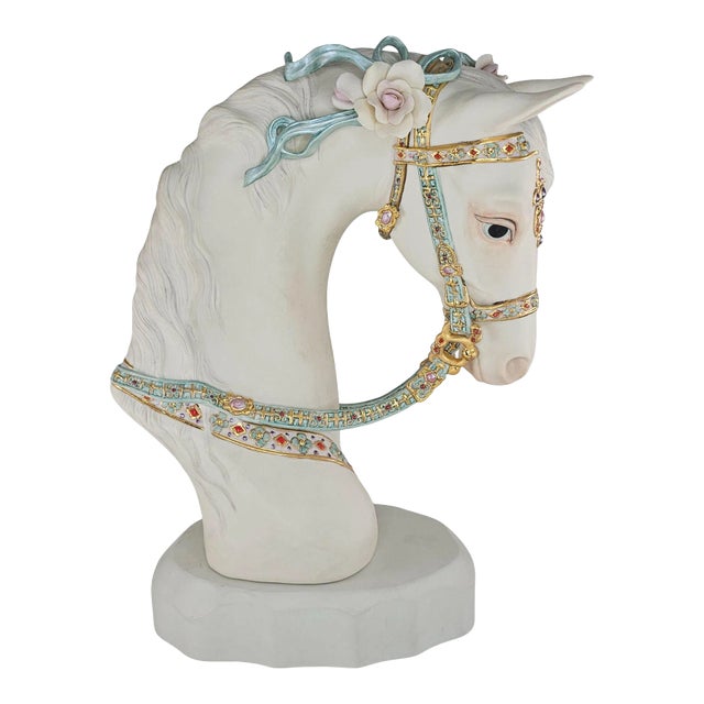 1970s Cybis Porcelain Horse Head Bust Figurine Floral Accents Satin Decorated on Base For Sale