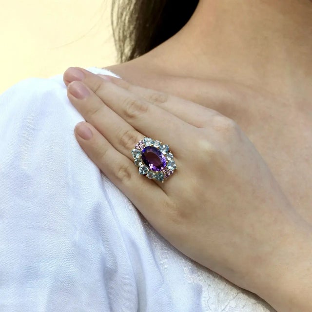 Nina Zhou Margeret Amethyst Aquamarine Pink Sapphire Cocktail Ring in 14k Yellow Gold, size 4.5 For Sale In Los Angeles - Image 6 of 8