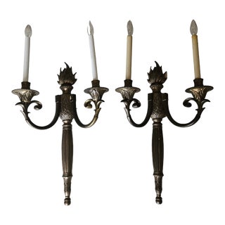 Large Neoclassical Regency Bronze Flame Motif Wall Sconces - a Pair For Sale
