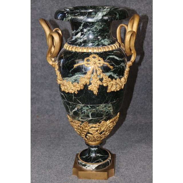 Stone Dore' Bronze Mounted French Empire Verdi Marble Cassolettes With Serpents For Sale - Image 7 of 11