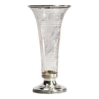 Stunning Antique Etched Glass Vase With Sterling Silver Rim & Pedestal Base Floral Trumpet Vase Luxury Home Decor For Sale