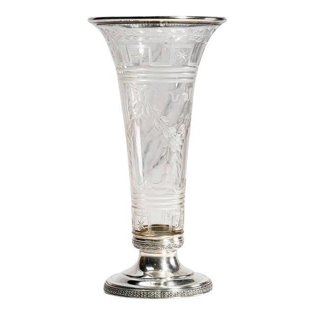 Stunning Antique Etched Glass Vase With Sterling Silver Rim & Pedestal Base Floral Trumpet Vase Luxury Home Decor For Sale