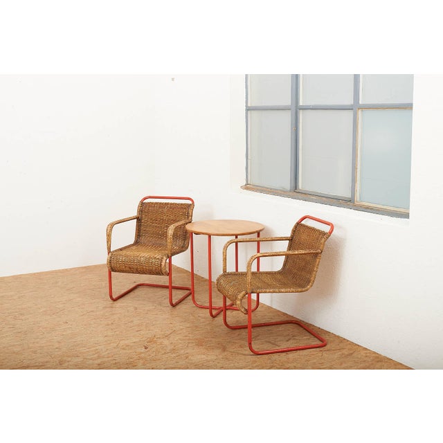 Side Table with Armchairs in Red Lacquered Tubular Steel, 1920s, Set of 3 For Sale - Image 17 of 18