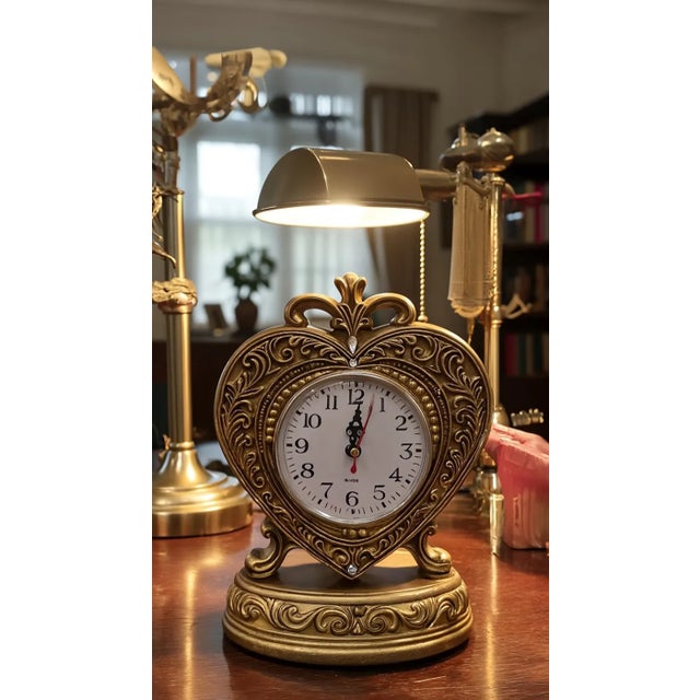 Art Deco Vintage Gold Heart Table Clock - Baroque Decorative Mantel Clock 23cm For Sale - Image 3 of 10