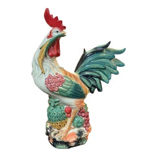 Large Vintage Majolica Style Ceramic Rooster Figurine For Sale