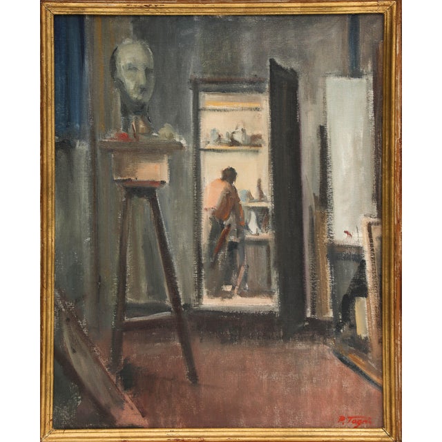 Oil on canvas painting by Swiss artist Ponziano Togni (1906-1971). "Studio View", 1940-1945. Signed in red in lower right...