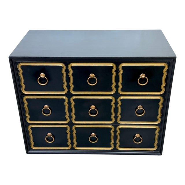 Dorothy Draper España Black Lacquer Chest for Heritage, Hollywood Regency, 1950s For Sale