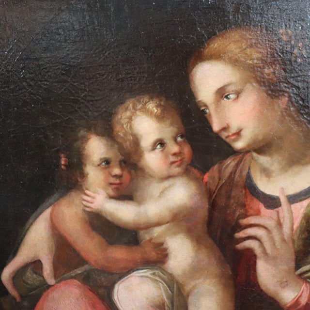 Madonna with Child Jesus and the Infant Saint John the Baptist, 18th Century, Oil Painting on Canvas For Sale - Image 13 of 16