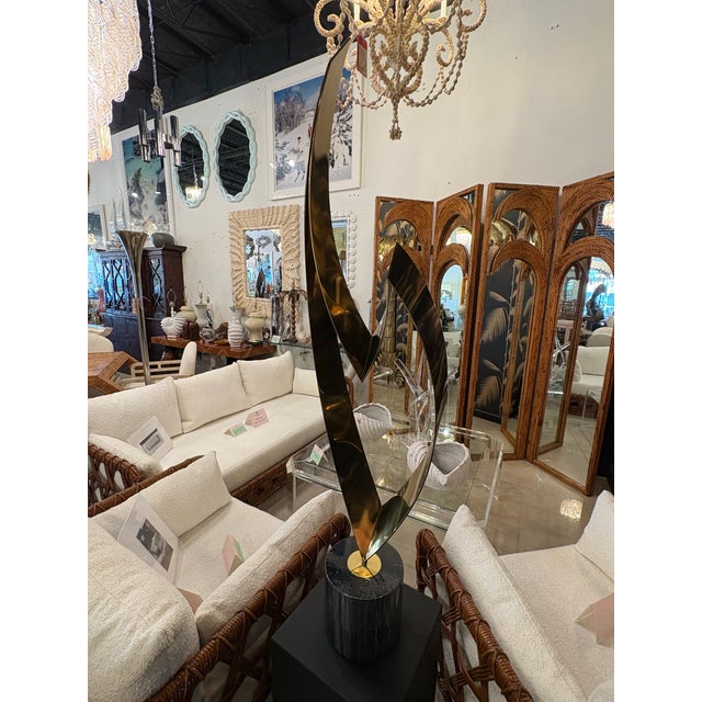 Vintage Signed Curtis Jere Brass & Marble Statue Art Eternal Flame For Sale - Image 11 of 12