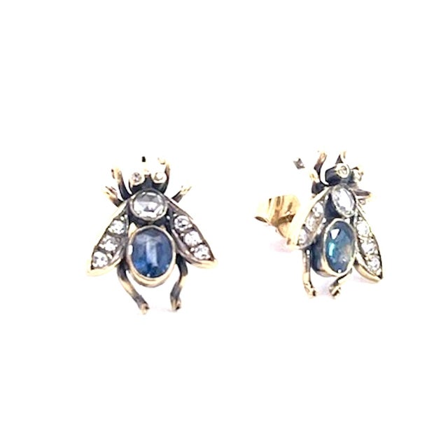 Antique Gold and Silver Bee Earrings With Sapphires and Diamonds, Pair For Sale - Image 11 of 13
