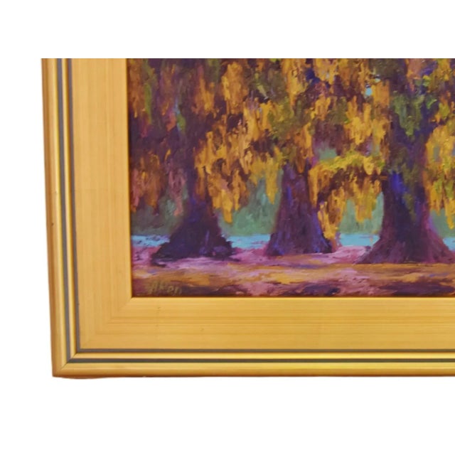 Original landscape impressionist oil painting of a lush Spanish moss covered oak trees in the bayou on artist’s panel....