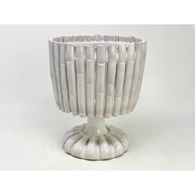Eye catching vintage bamboo-form pedestal cachepot or decorative bowl in white glazed terra-cotta by Nora Fenton, c.1970s....