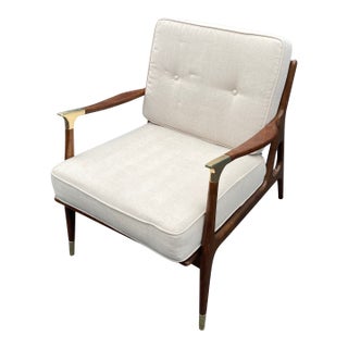 Anthropologie Haverhill Lounge Chair — Walnut + Brass + Oatmeal Linen, Never Used For Sale
