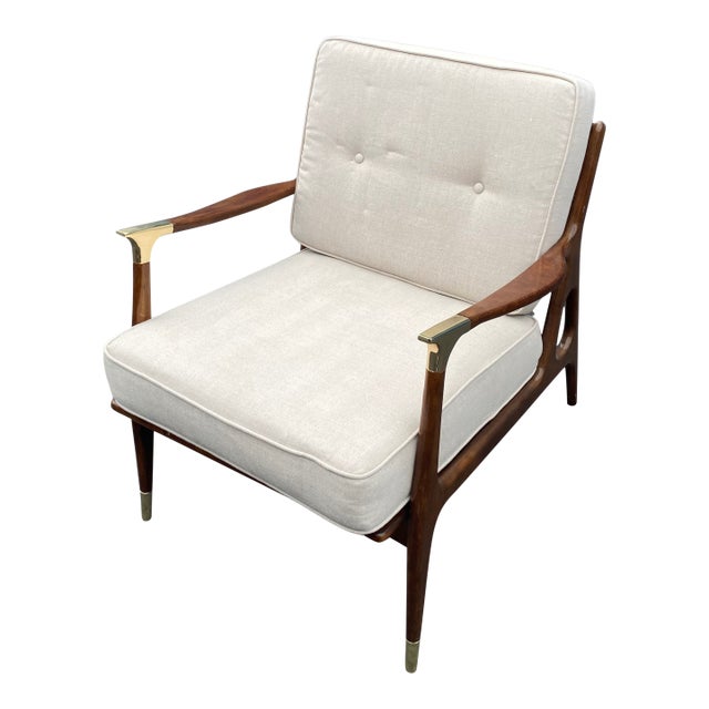 Anthropologie Haverhill Lounge Chair — Walnut + Brass + Oatmeal Linen, Never Used For Sale
