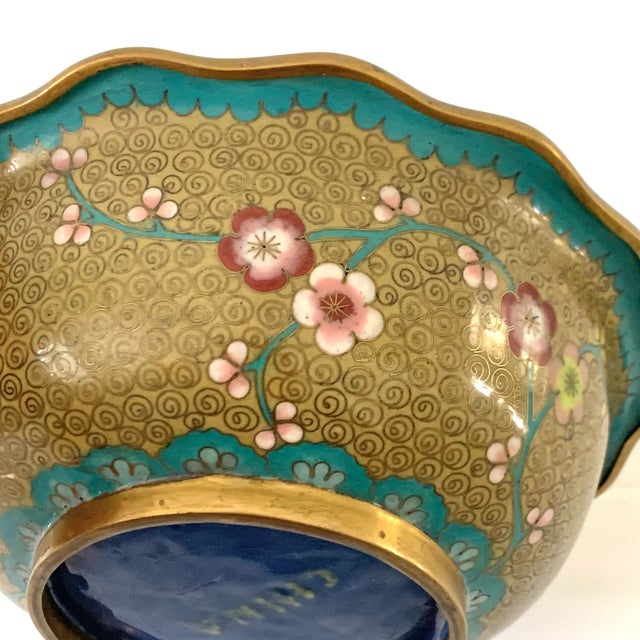Chinoiserie Vintage Chinoiserie Cloisonné Bowl Dish With Scalloped Edge, China For Sale - Image 3 of 8
