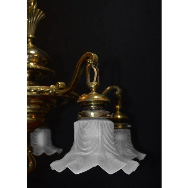 Art Deco French Brass Five-Light Chandelier with Opaline Glass Shades, 1920s For Sale - Image 6 of 18