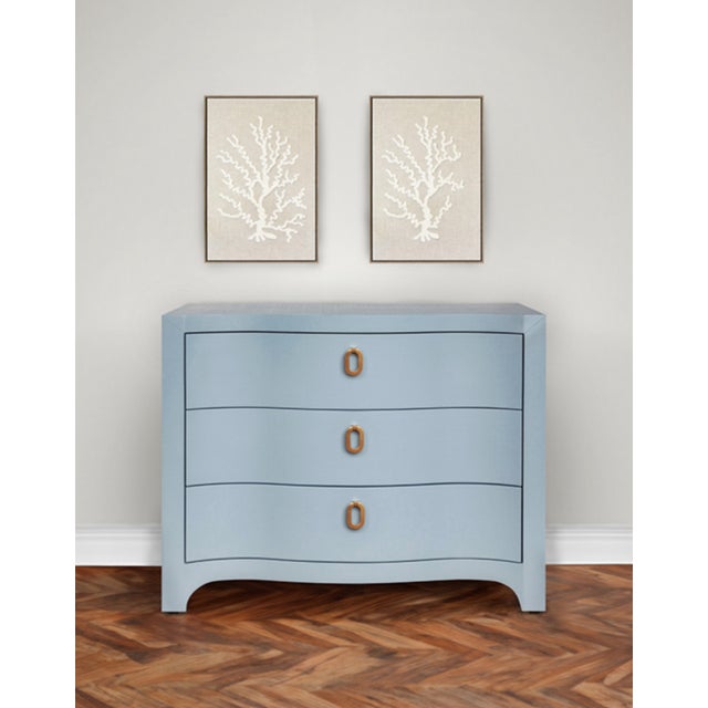 Matthew Izzo Home Cora Light Blue Textured Linen Three Drawer Chest With Satin Brass Drawer Pulls For Sale In New York - Image 6 of 9