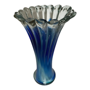 Murano Art Glass Trumpet Vase With Fluted Scalloped Rim and Ombre Blue Pattern