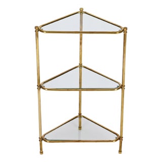 Mid-Century Italian Triangular Brass and Glass Corner Shelf Bookcase, 1970s For Sale