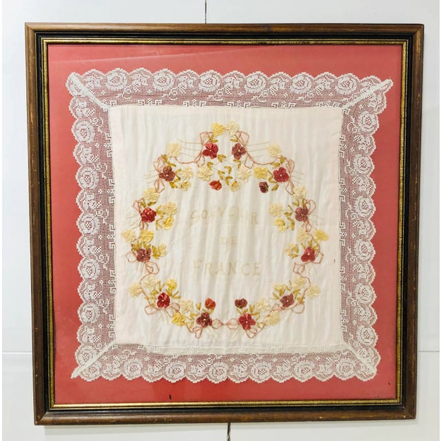 Pink 1920s Antique Silk Scarf in Frame, Souvenir De France For Sale - Image 8 of 8