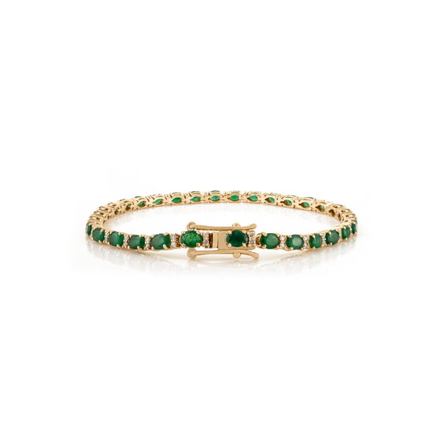 Metal 4.1 Carat Natural Zambian Emerald & Diamond Tennis Bracelet in 14k Yellow Gold For Sale - Image 7 of 13