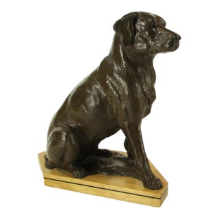 Bronze Dog Statue Lab, Labrador Sitting Wooden Bace Artist Signed: Name? & 1995 For Sale